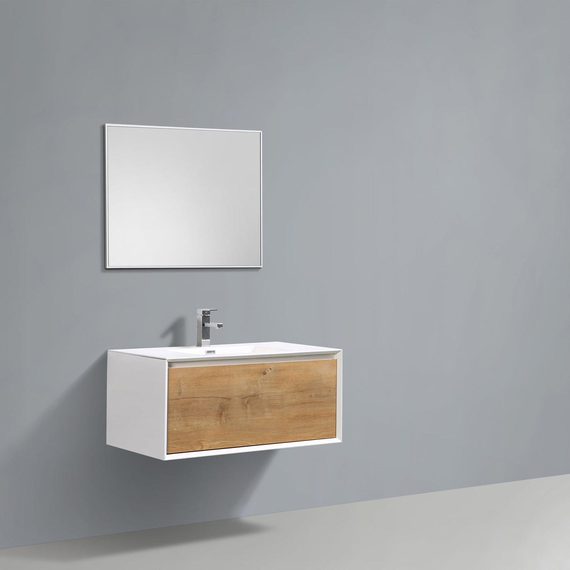 Eviva Vienna 75 Wall Mount Double Sink Bathroom Vanity with Black Integrated Acrylic Top, White Oak