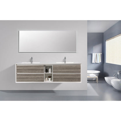 Eviva Vienna 75" x 22" Ash Wall-Mounted Bathroom Vanity With White Double Integrated Sink