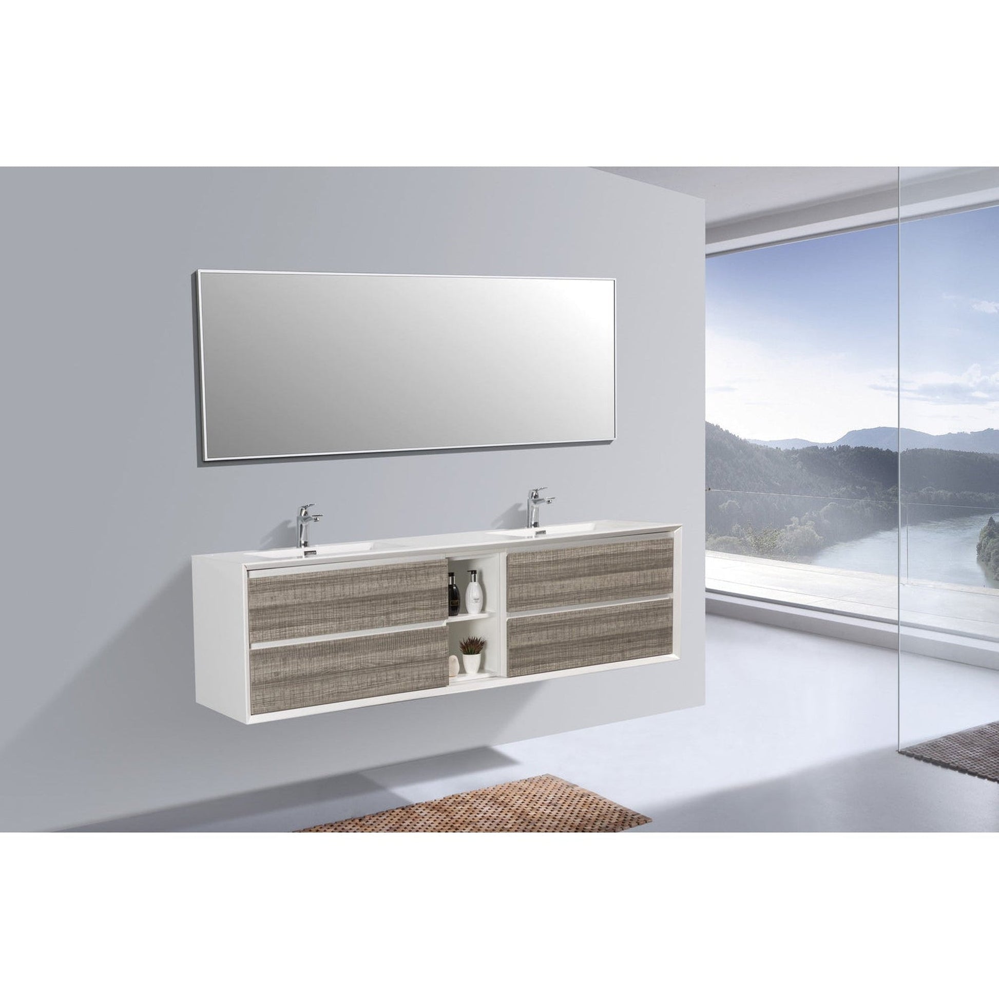 Eviva Vienna 75" x 22" Ash Wall-Mounted Bathroom Vanity With White Double Integrated Sink