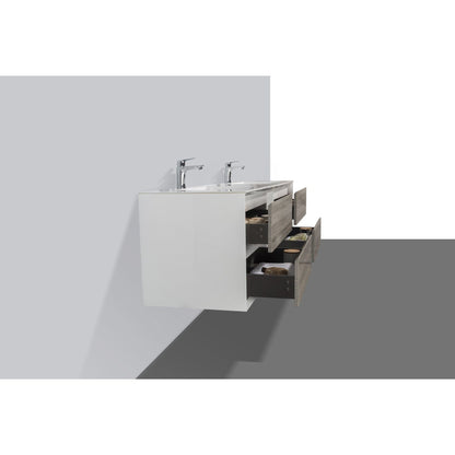 Eviva Vienna 75" x 22" Ash Wall-Mounted Bathroom Vanity With White Double Integrated Sink