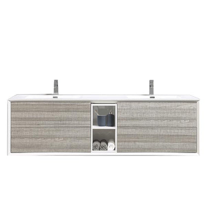 Eviva Vienna 75" x 22" Ash Wall-Mounted Bathroom Vanity With White Double Integrated Sink
