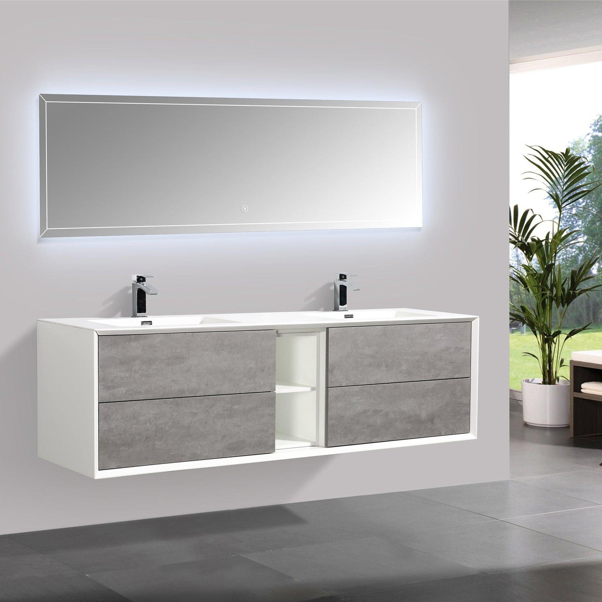 Eviva Vienna 75" x 22" Cement Gray Wall-Mounted Bathroom Vanity With White Double Integrated Sink