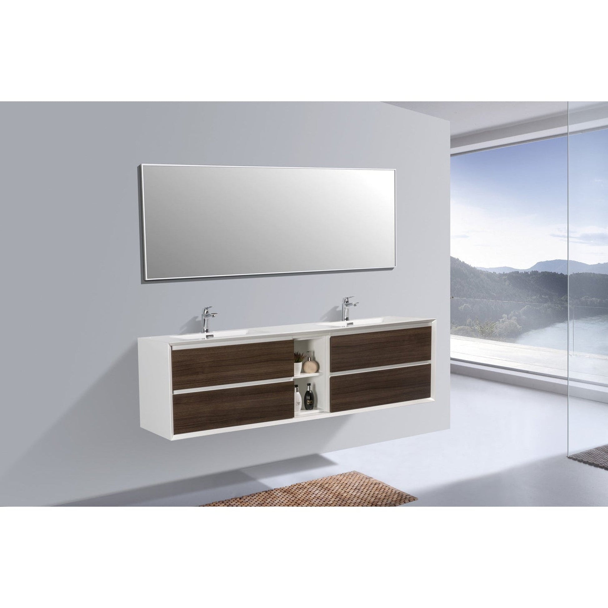 Eviva Vienna 75" x 22" Gray Oak Wall-Mounted Bathroom Vanity With White Double Integrated Sink