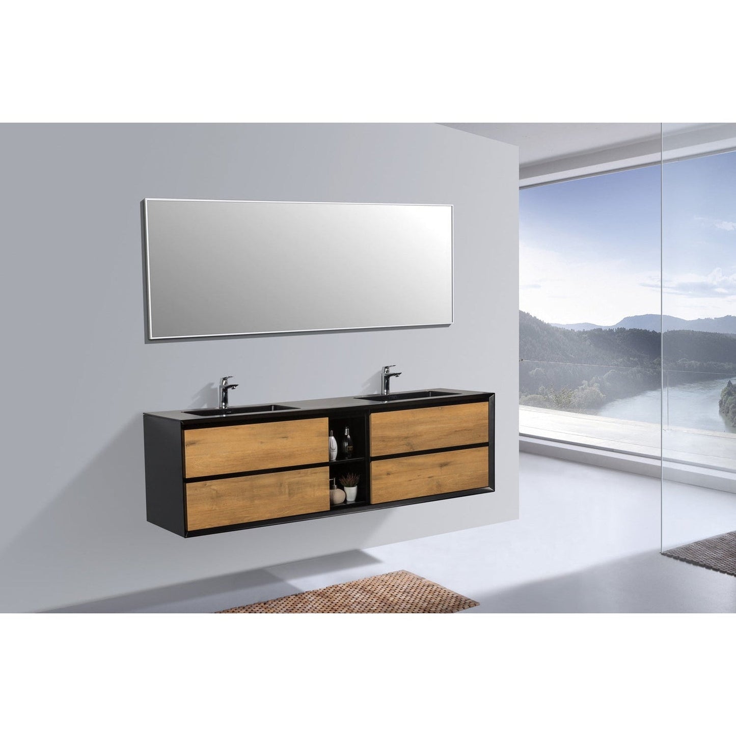 Eviva Vienna 75" x 22" Oak Black Wall-Mounted Bathroom Vanity With White Double Integrated Sink