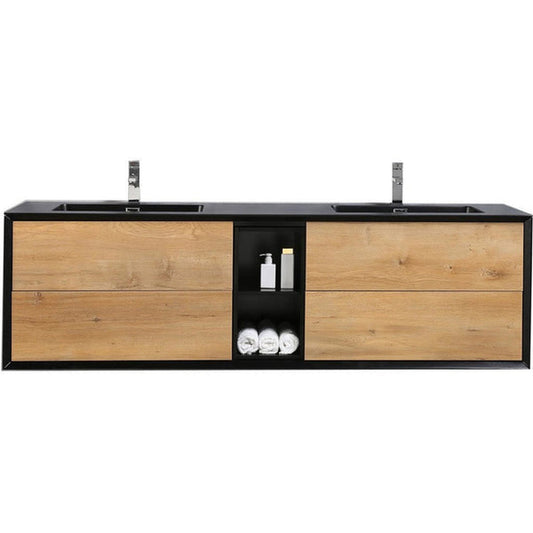 Eviva Vienna 75" x 22" Oak Black Wall-Mounted Bathroom Vanity With White Double Integrated Sink