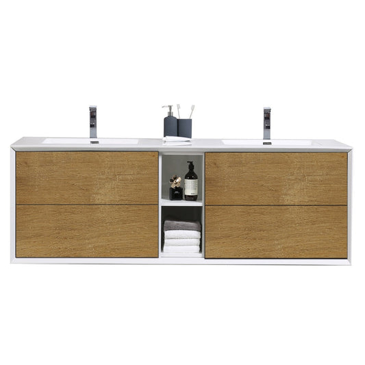 Eviva Vienna 75" x 22" Oak White Wall-Mounted Bathroom Vanity With White Double Integrated Sink