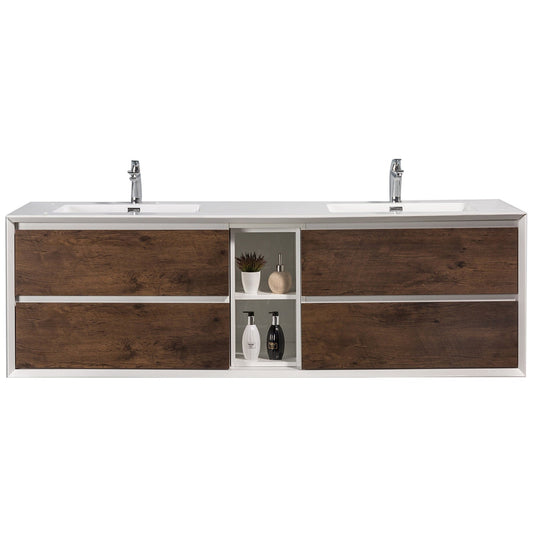 Eviva Vienna 75" x 22" Rosewood Wall-Mounted Bathroom Vanity With White Double Integrated Sink