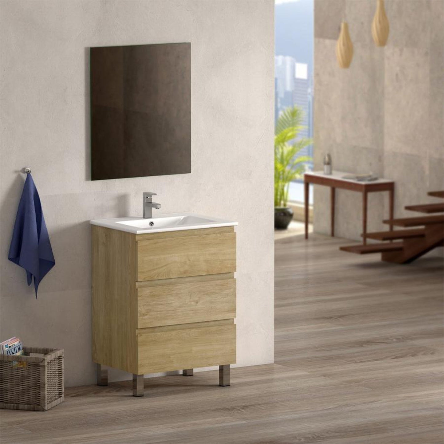 Eviva Vigo 24" x 34" Oak Freestanding Bathroom Vanity With White Integrated Porcelain Sink