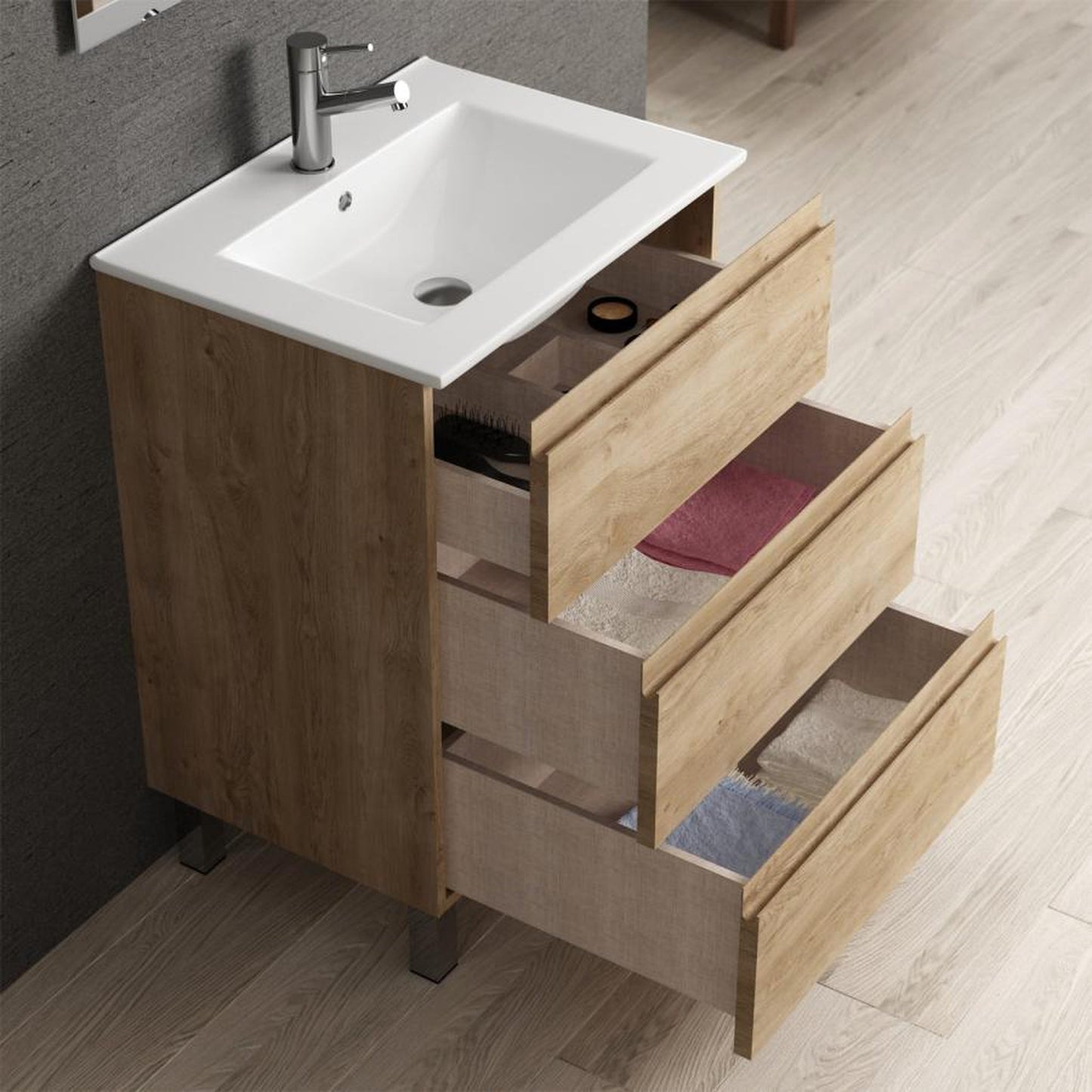 Eviva Vigo 24" x 34" Oak Freestanding Bathroom Vanity With White Integrated Porcelain Sink