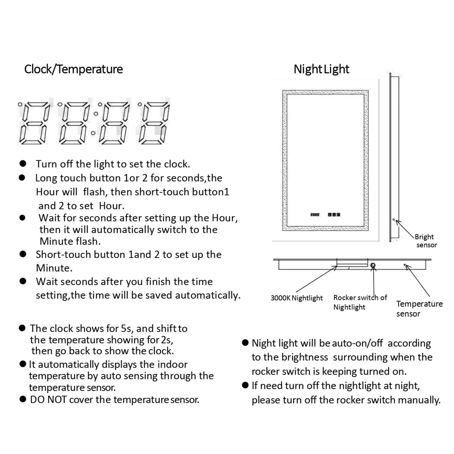 ExBrite Third Generation 24" x 32" Frameless LED Super Slim Bathroom Vanity Mirror With Clock, Night Light, Anti Fog, Dimmer, Touch Button and Waterproof IP44