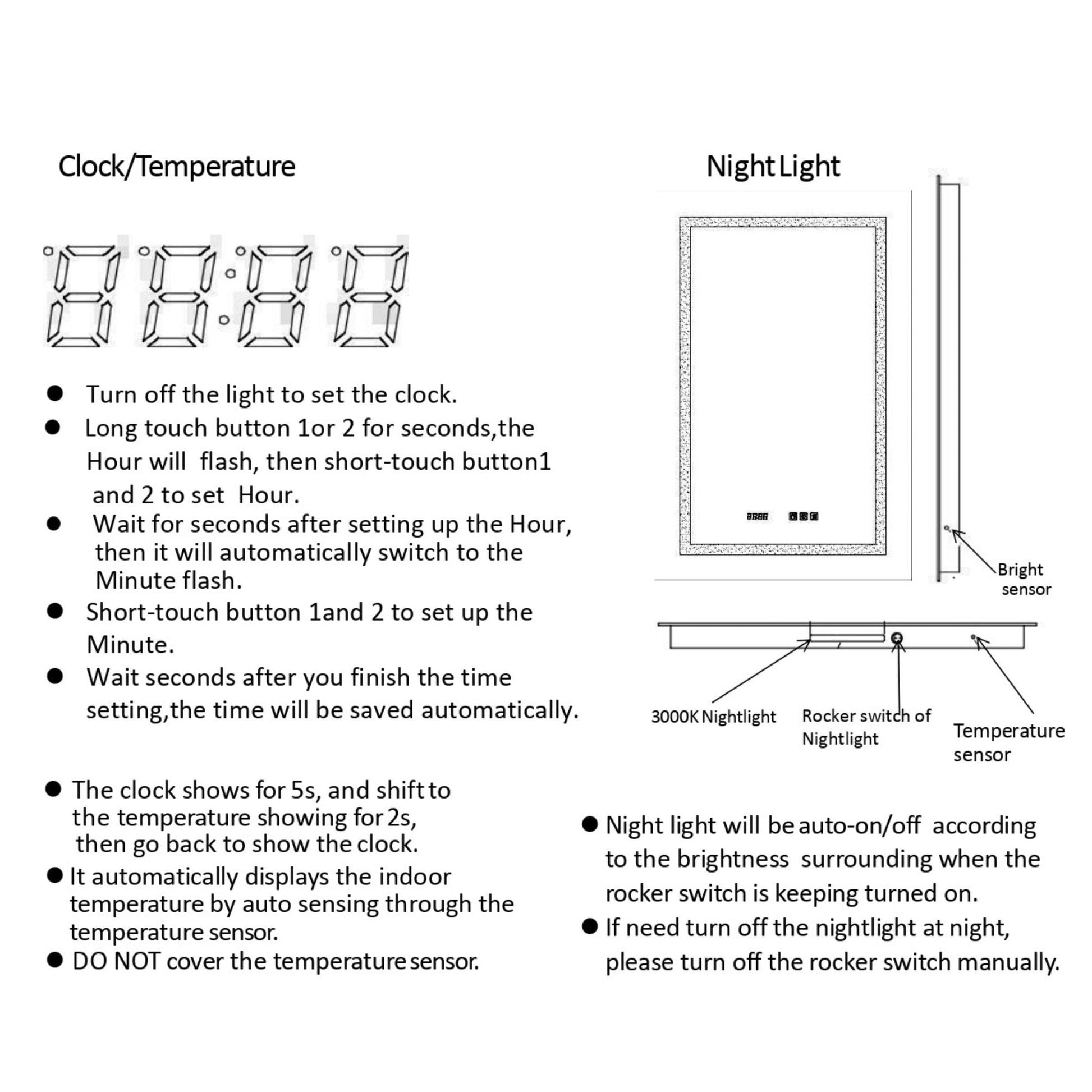 ExBrite Third Generation 24" x 36" Frameless LED Backlit Super Slim Bathroom Vanity Mirror With Clock, Night Light, Anti Fog, Dimmer, Touch Button and Waterproof IP44