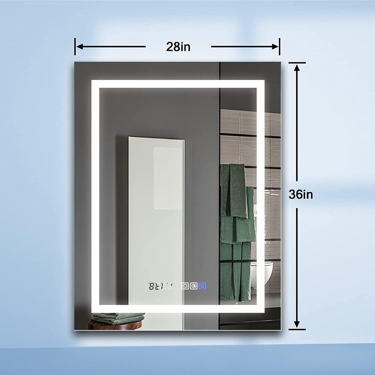 ExBrite Third Generation 28" x 36" Frameless LED Super Slim Bathroom Vanity Mirror With Clock, Night Light, Anti Fog, Dimmer, Touch Button and Waterproof IP44