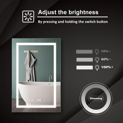 ExBrite Third Generation 36" x 24" Frameless LED Super Slim Bathroom Vanity Mirror With Clock, Night Light, Anti Fog, Dimmer, Touch Button and Waterproof IP44