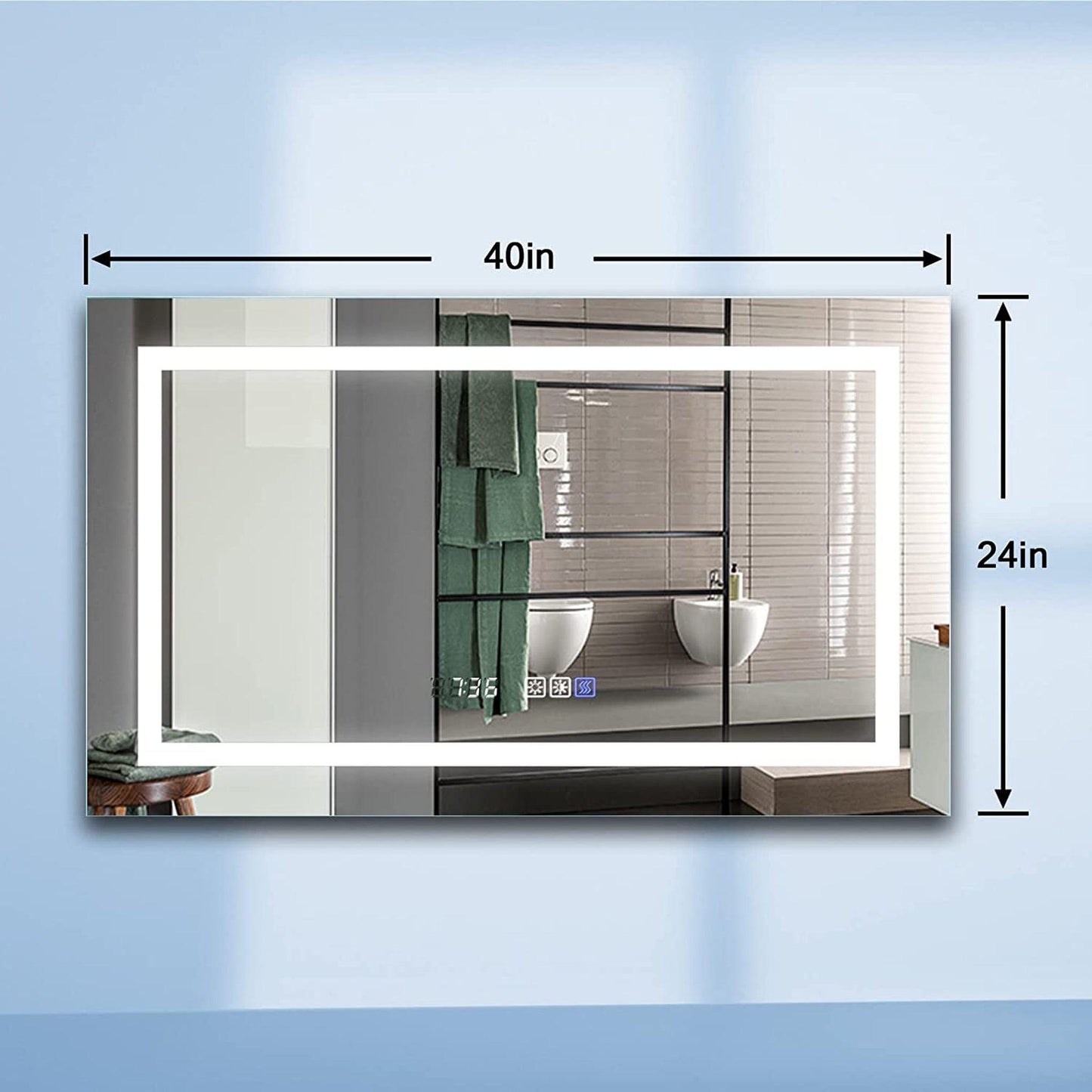 ExBrite Third Generation 40" x 24" Frameless LED Super Slim Bathroom Vanity Mirror With Clock, Night Light, Anti Fog, Dimmer, Touch Button and Waterproof IP44