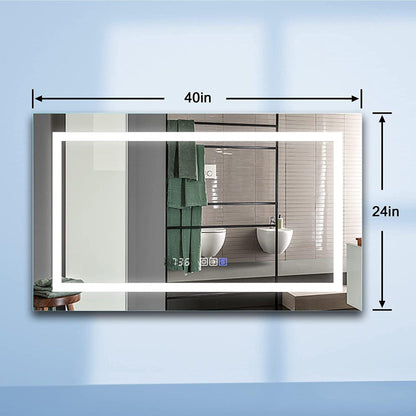 ExBrite Third Generation 40" x 24" Frameless LED Super Slim Bathroom Vanity Mirror With Clock, Night Light, Anti Fog, Dimmer, Touch Button and Waterproof IP44