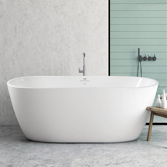 FerdY Bali 59" x 28" Oval Glossy White Acrylic Freestanding Double Slipper Soaking Bathtub With Brushed Nickel Drain and Overflow