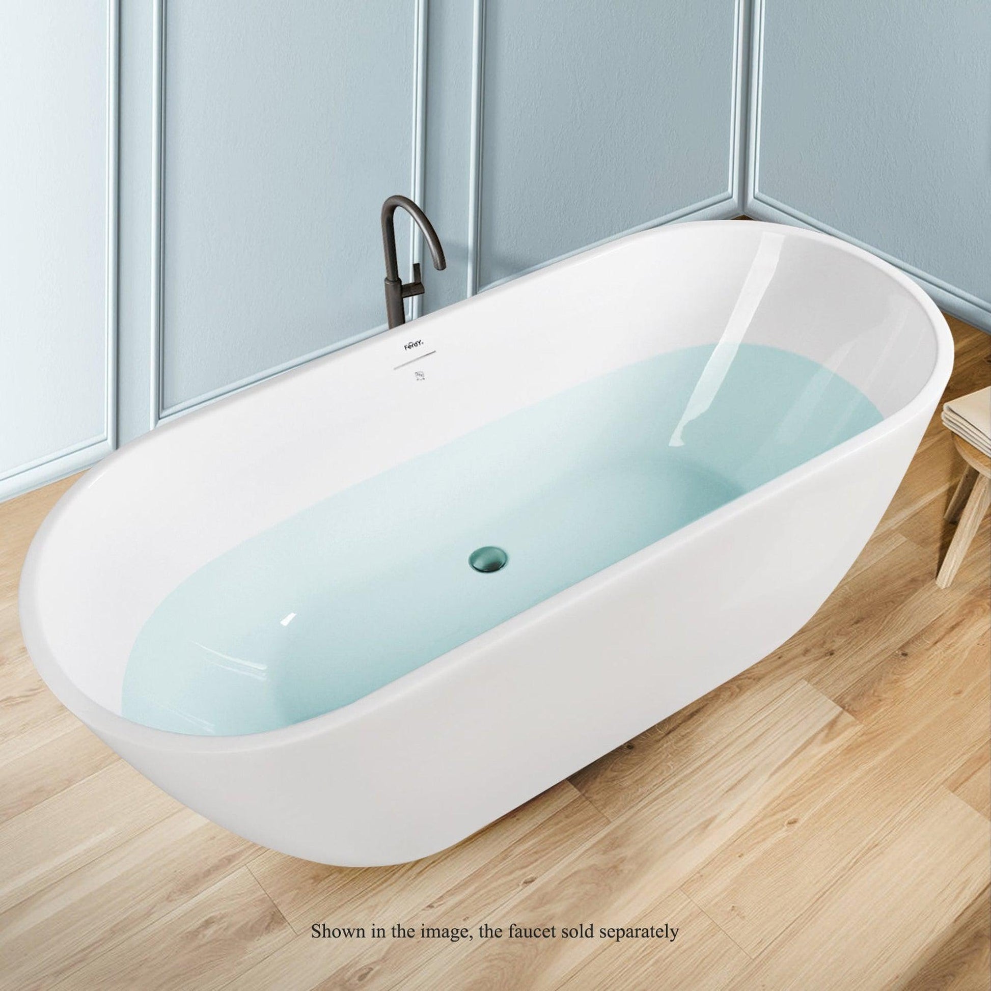 FerdY Bali 67" x 30" Oval Glossy White Acrylic Freestanding Roll Top Soaking Bathtub With Brushed Nickel Drain and Overflow
