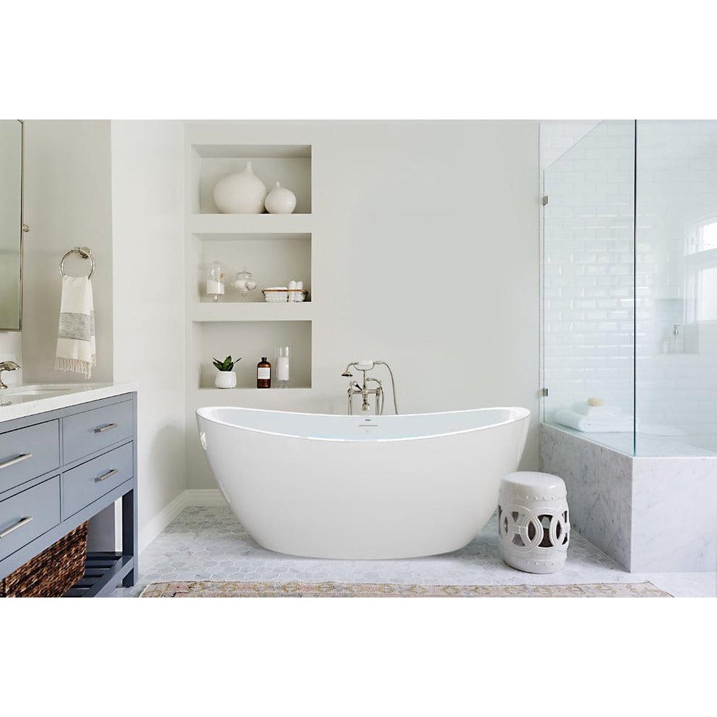 FerdY Naha 59" x 31" Oval Glossy White Acrylic Freestanding Double Slipper Soaking Bathtub With Brushed Nickel Drain and Overflow