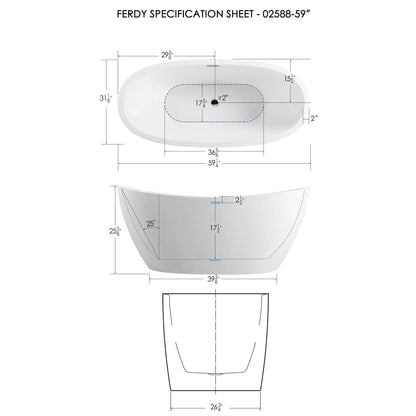 FerdY Naha 59" x 31" Oval Glossy White Acrylic Freestanding Double Slipper Soaking Bathtub With Chrome Drain and Overflow