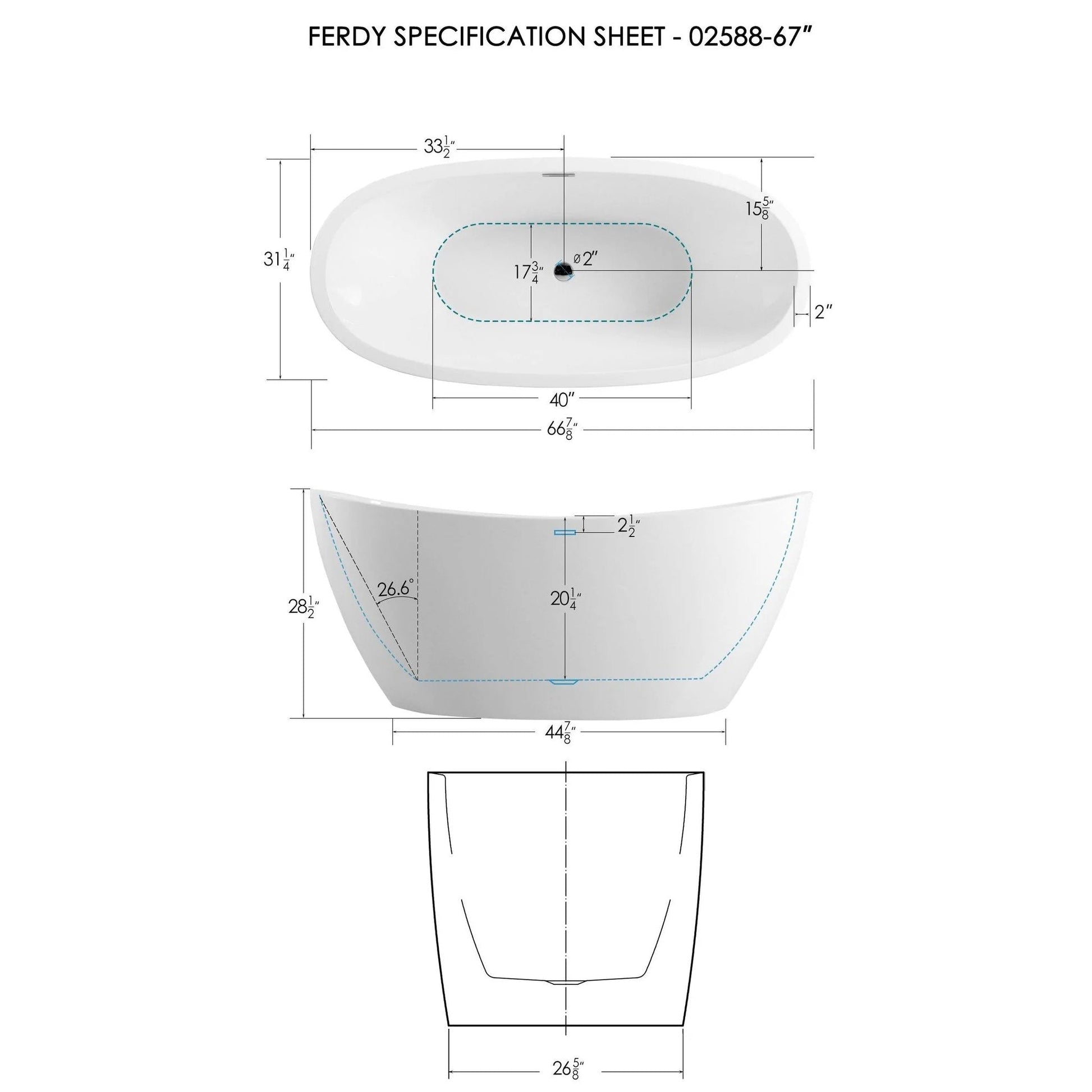 FerdY Naha 67" x 31" Oval Glossy White Acrylic Freestanding Double Slipper Soaking Bathtub With Brushed Nickel Drain and Overflow