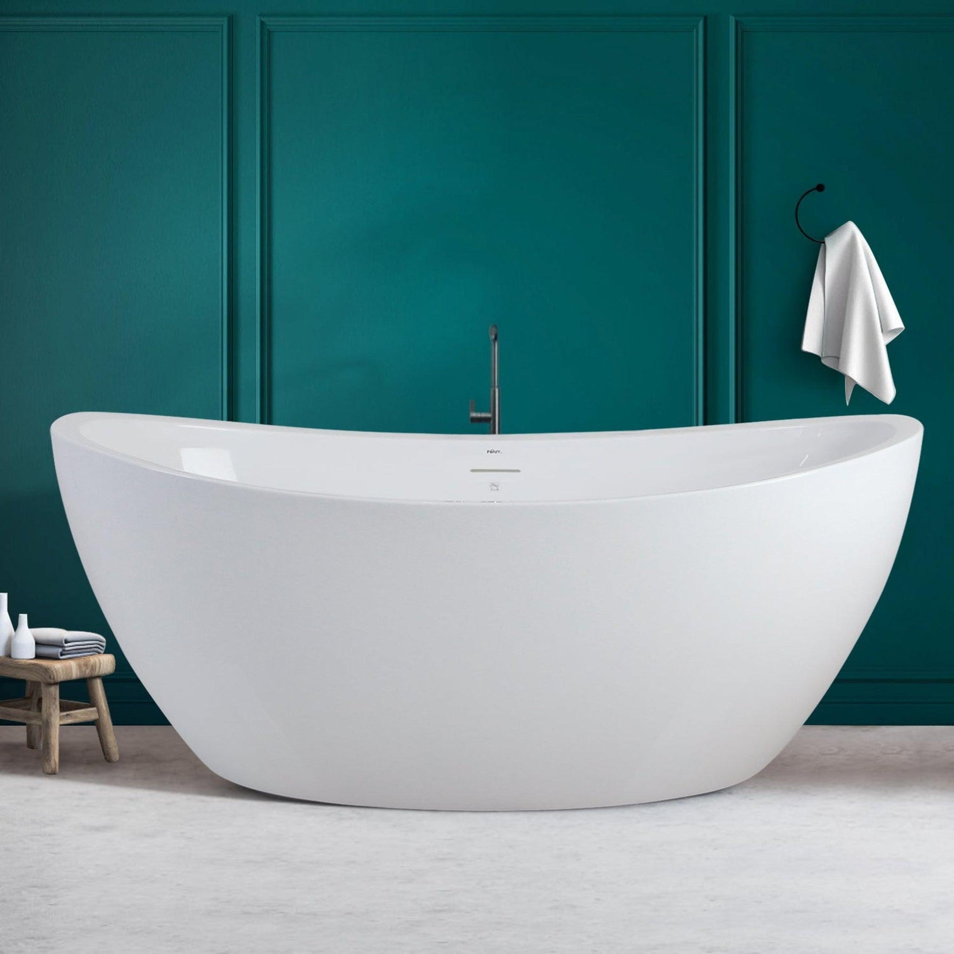 FerdY Naha 67" x 31" Oval Glossy White Acrylic Freestanding Double Slipper Soaking Bathtub With Brushed Nickel Drain and Overflow