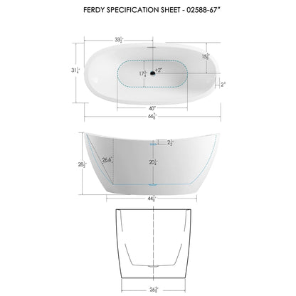 FerdY Naha 67" x 31" Oval Glossy White Acrylic Freestanding Double Slipper Soaking Bathtub With Chrome Drain and Overflow