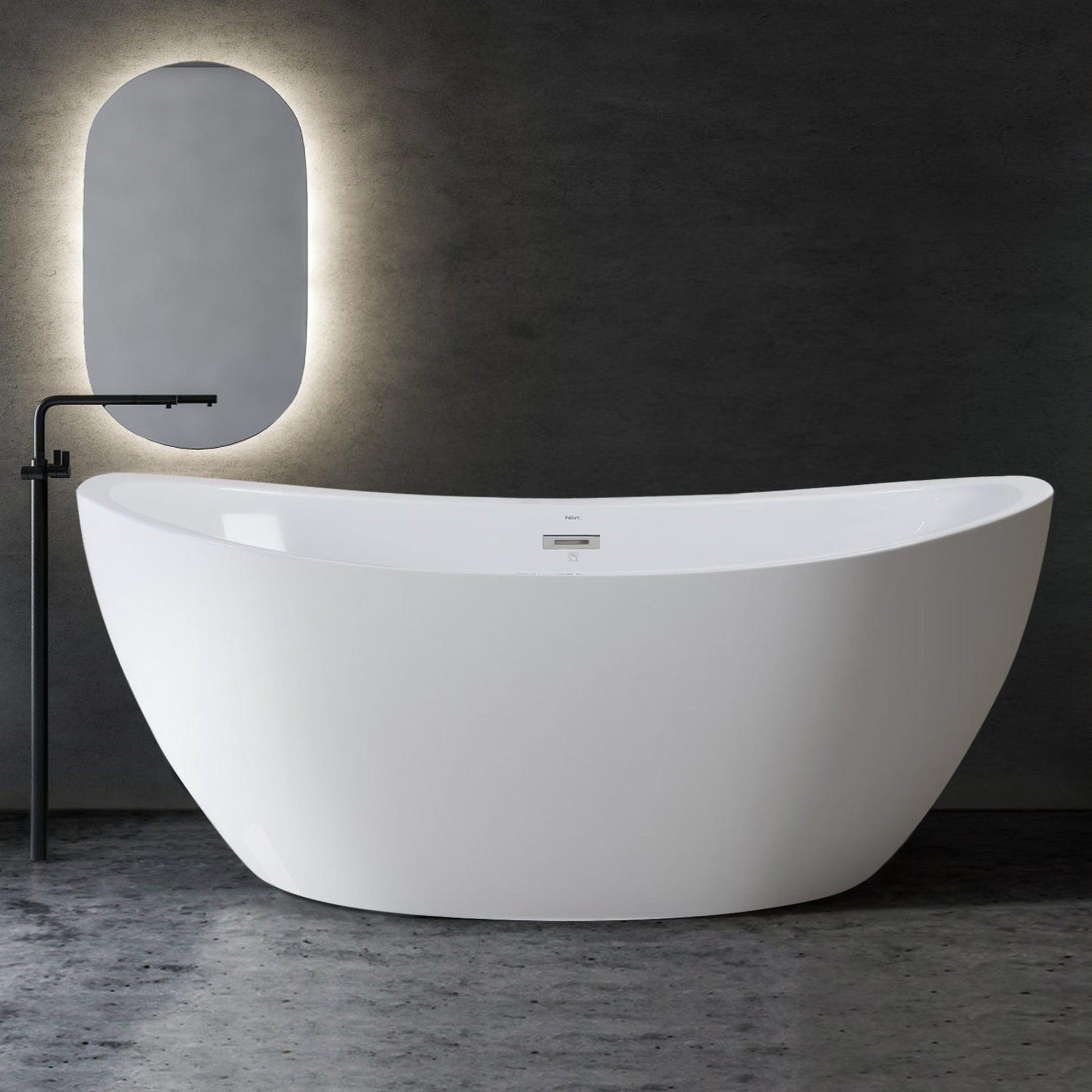 FerdY Naha 67" x 31" Oval Glossy White Acrylic Freestanding Double Slipper Soaking Bathtub With Chrome Drain and Overflow