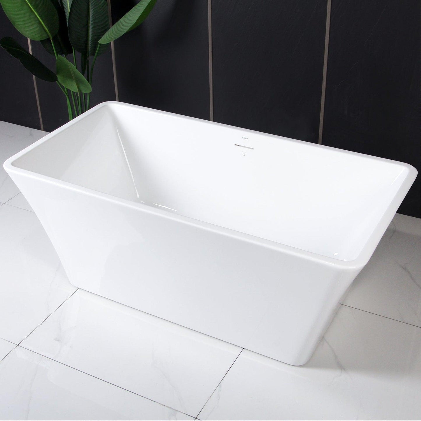 FerdY Sentosa 59" x 30" Rectangular Glossy White Acrylic Freestanding Double Slipper Soaking Bathtub With Brushed Nickel Drain and Overflow