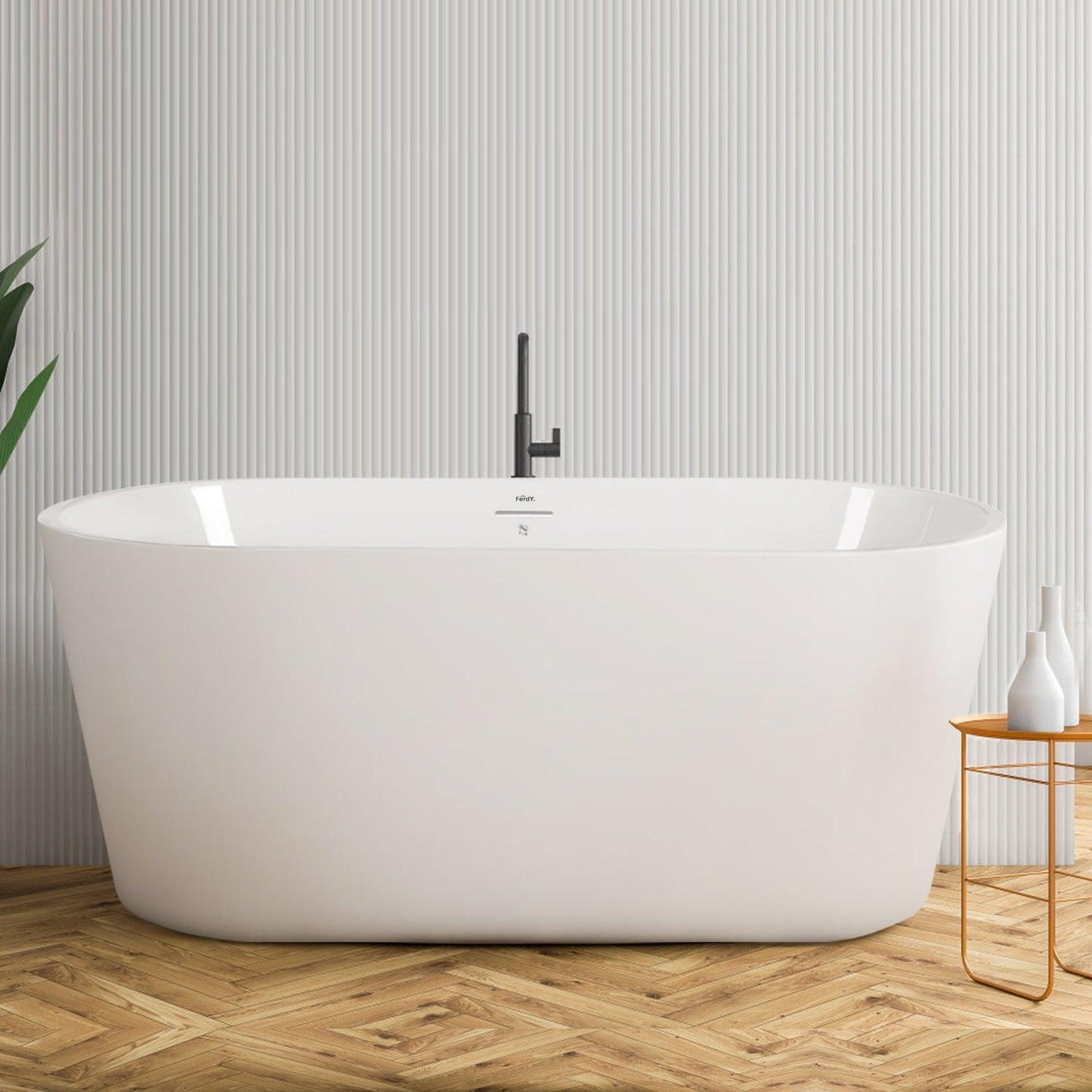 FerdY Shangri-La 55" x 28" Oval Glossy White Acrylic Freestanding Roll Top Soaking Bathtub With Brushed Nickel Drain and Overflow