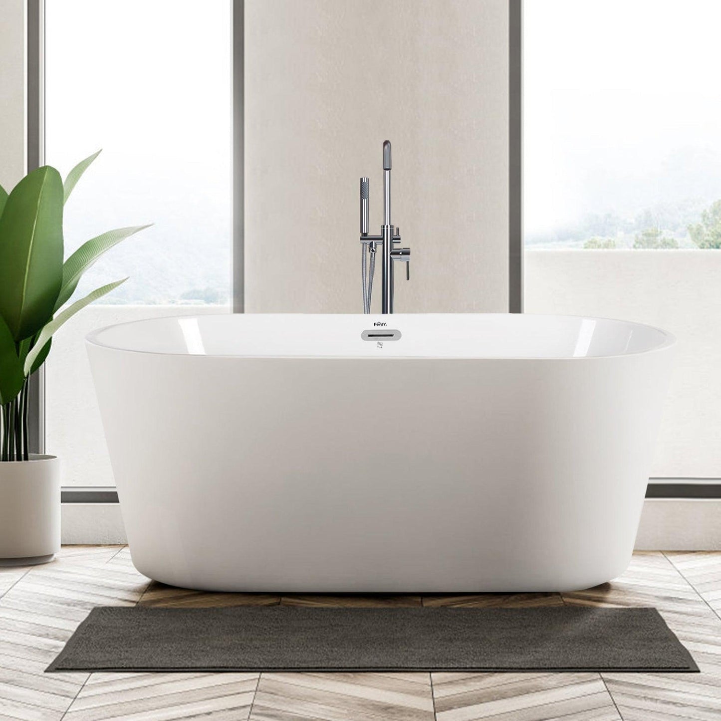 FerdY Shangri-La 55" x 28" Oval Glossy White Acrylic Freestanding Roll Top Soaking Bathtub With Chrome Drain and Overflow