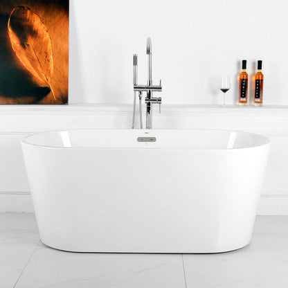 FerdY Shangri-La 55" x 28" Oval Glossy White Acrylic Freestanding Roll Top Soaking Bathtub With Chrome Drain and Overflow