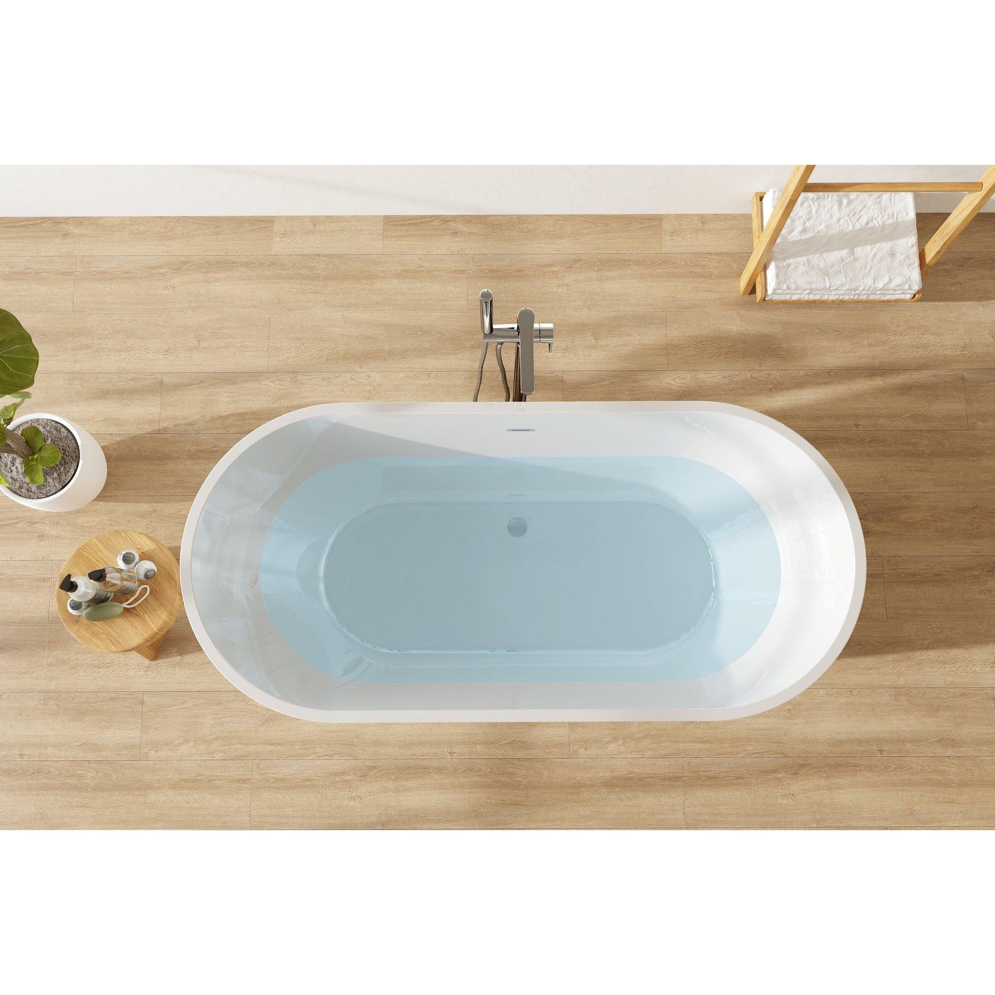 FerdY Shangri-La 67" x 32" Oval Glossy White Acrylic Freestanding Double Slipper Soaking Bathtub With Chrome Drain and Overflow