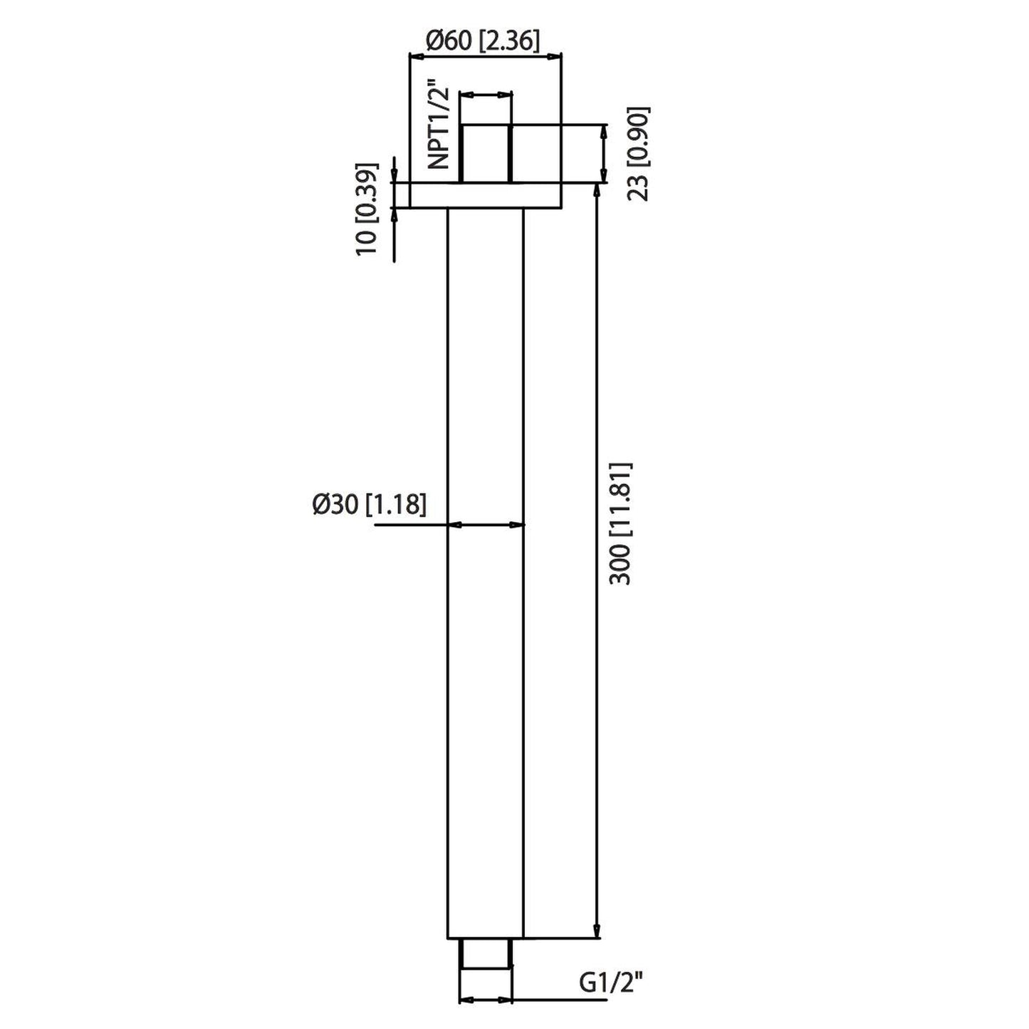 Flusso Faucets Serie 100 12" Polished Nickel PVD Solid Brass Ceiling-Mounted Shower Arm With Adjustable Sliding Flange