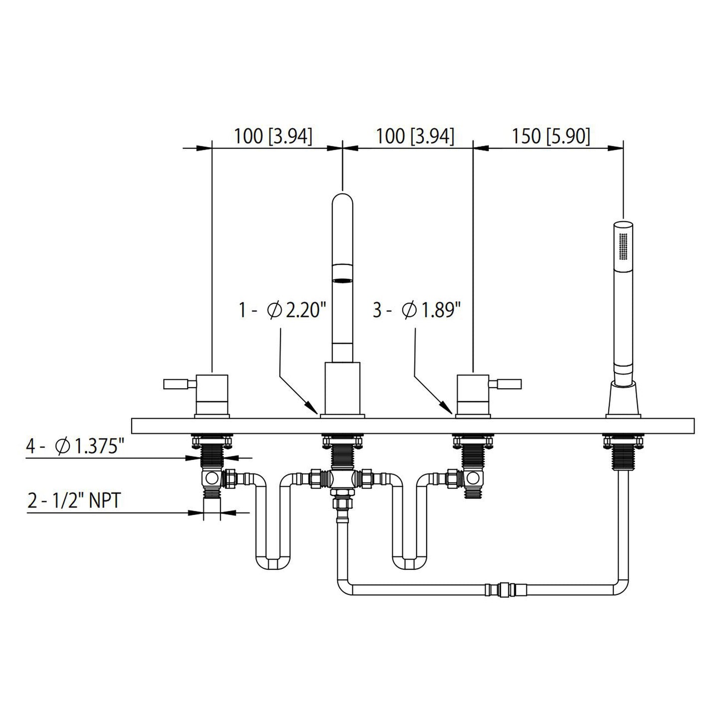 Flusso Faucets Serie 100 14" Four-Hole Chrome Solid Brass Deck-Mounted Roman Bathtub Faucet With Hand Shower
