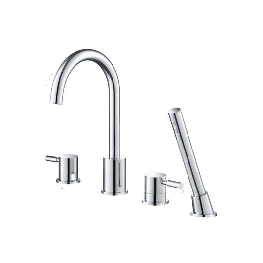 Flusso Faucets Serie 100 14" Four-Hole Chrome Solid Brass Deck-Mounted Roman Bathtub Faucet With Hand Shower