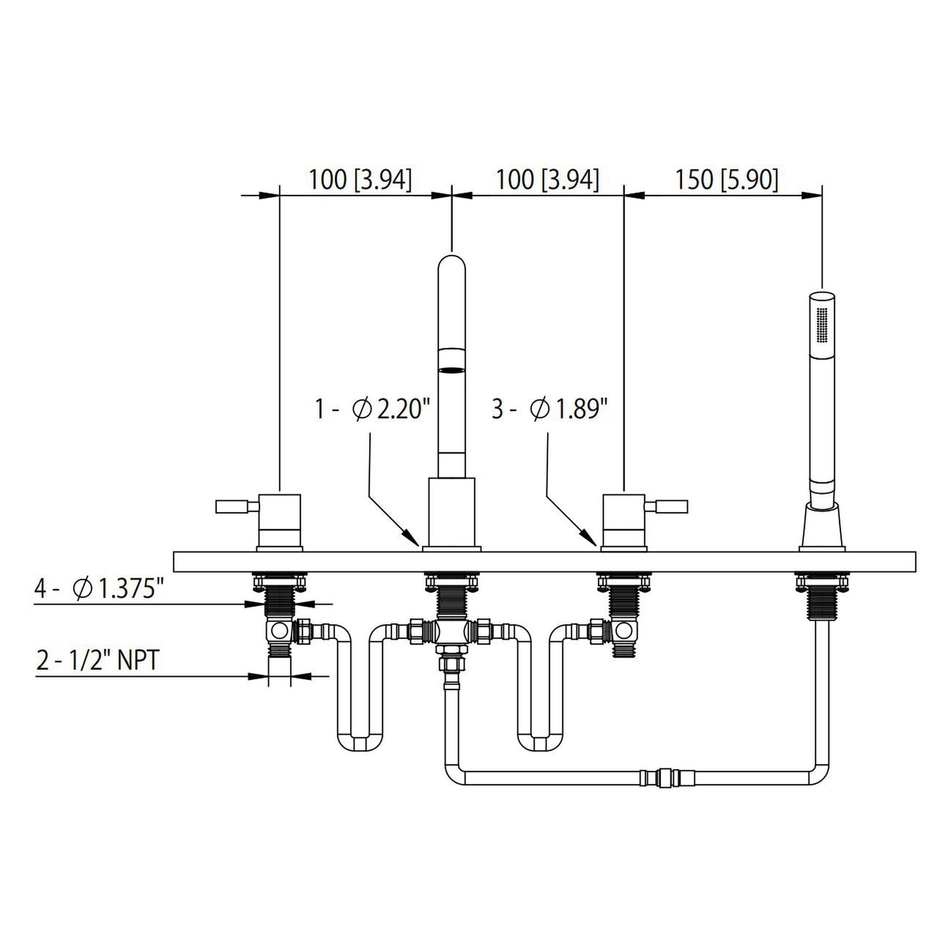Flusso Faucets Serie 100 14" Four-Hole Matte Black Solid Brass Deck-Mounted Roman Bathtub Faucet With Hand Shower