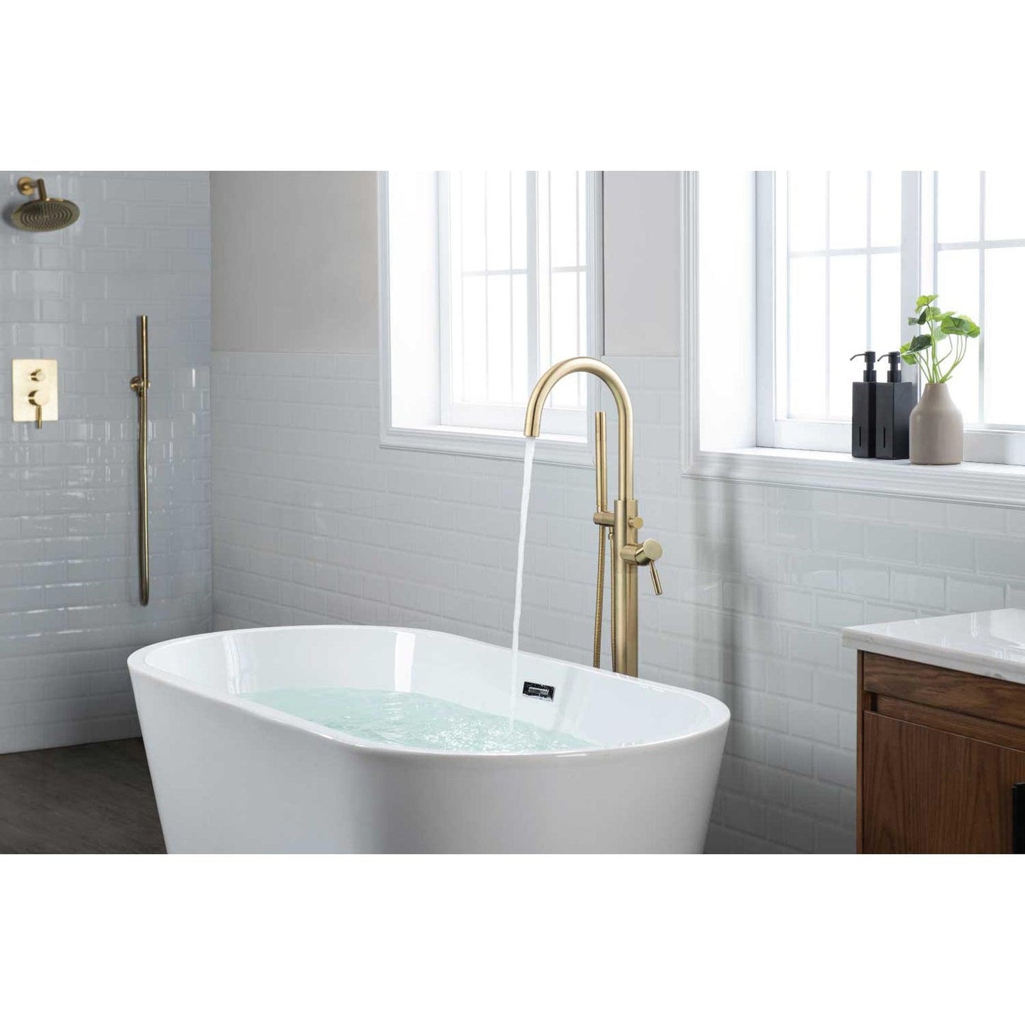 Flusso Faucets Serie 100 45" Matte Black Freestanding Floor-Mounted Swivel Bathtub Filler With Integrated Diverter and Hand-Held Shower With Back Flow Prevention Valve
