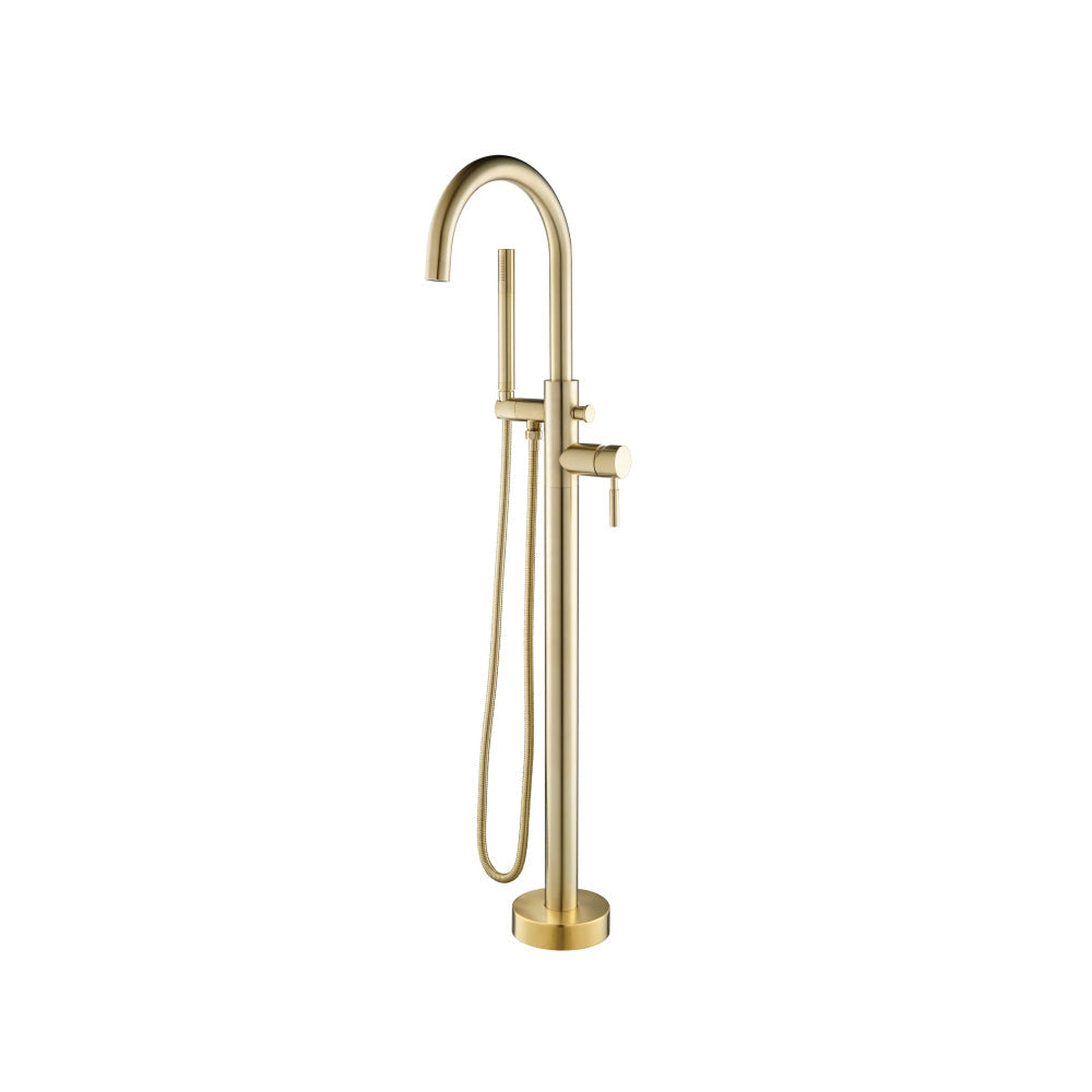 Flusso Faucets Serie 100 45" Satin Brass PVD Freestanding Floor-Mounted Swivel Bathtub Filler With Integrated Diverter and Hand-Held Shower With Back Flow Prevention Valve