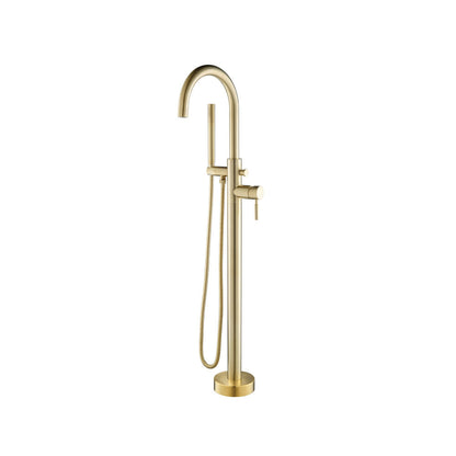 Flusso Faucets Serie 100 45" Satin Brass PVD Freestanding Floor-Mounted Swivel Bathtub Filler With Integrated Diverter and Hand-Held Shower With Back Flow Prevention Valve