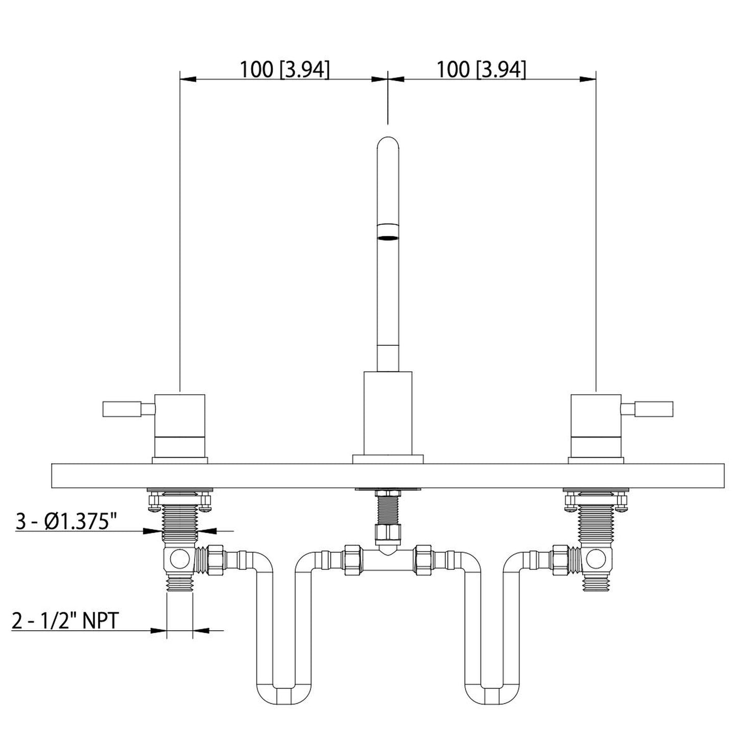 Flusso Faucets Serie 100 8" Three-Hole Matte Black Solid Brass Deck-Mounted Widespread Bathroom Sink Faucet With Overflow Pop-Up Drain