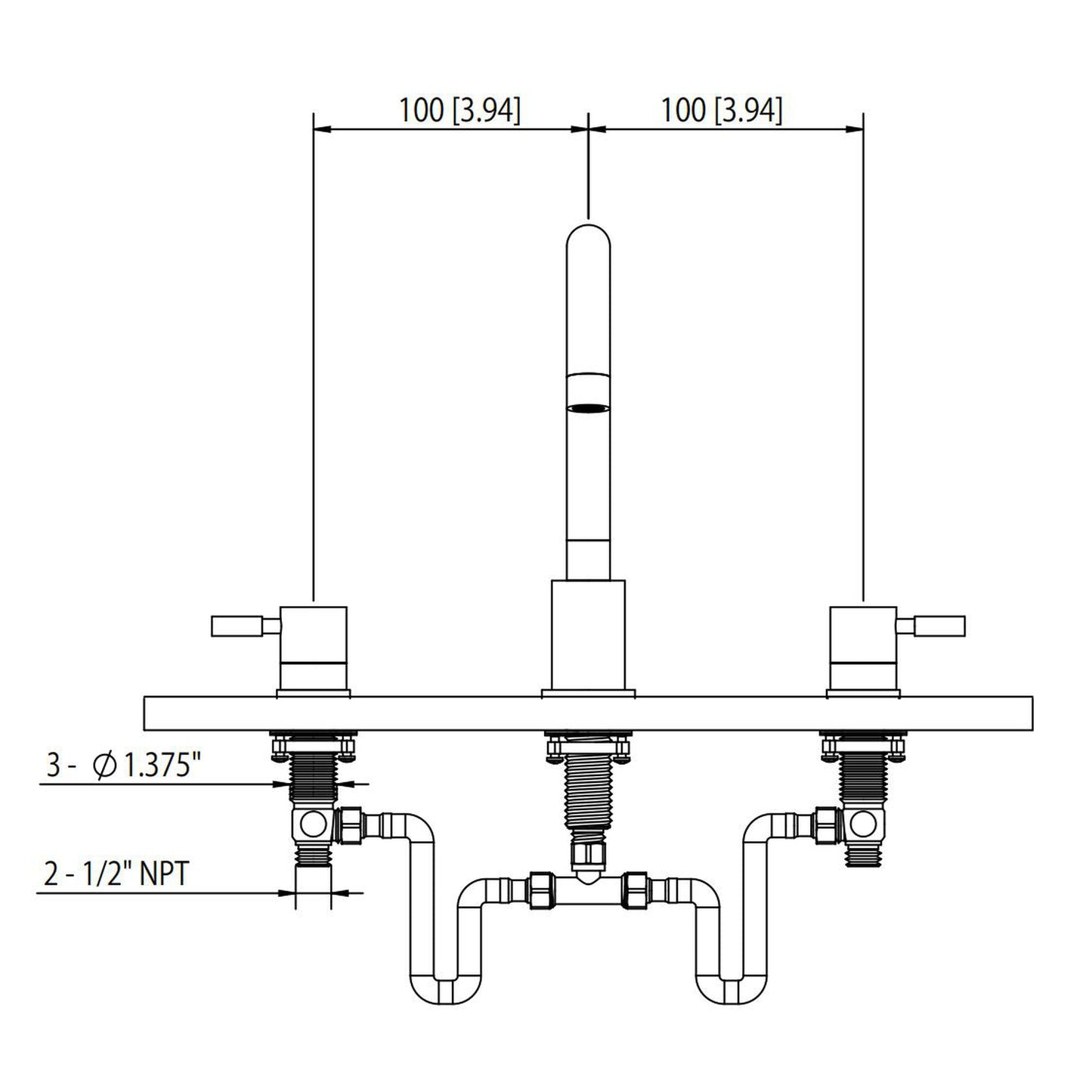 Flusso Faucets Serie 100 8" Three-Hole Satin Brass PVD Solid Brass Deck-Mounted Roman Bathtub Faucet