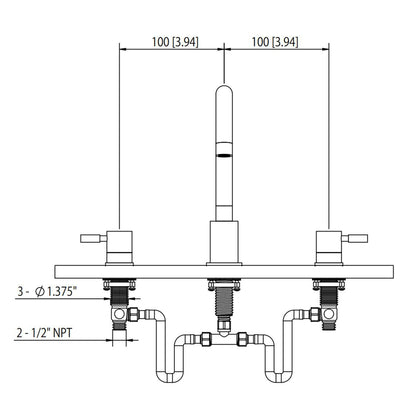 Flusso Faucets Serie 100 8" Three-Hole Satin Brass PVD Solid Brass Deck-Mounted Roman Bathtub Faucet