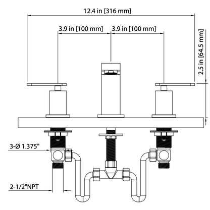 Flusso Faucets Serie 110 12" Three-Hole Brushed Nickel PVD Solid Brass Deck-Mounted Widespread Bathroom Sink Faucet With Overflow Pop-Up Drain