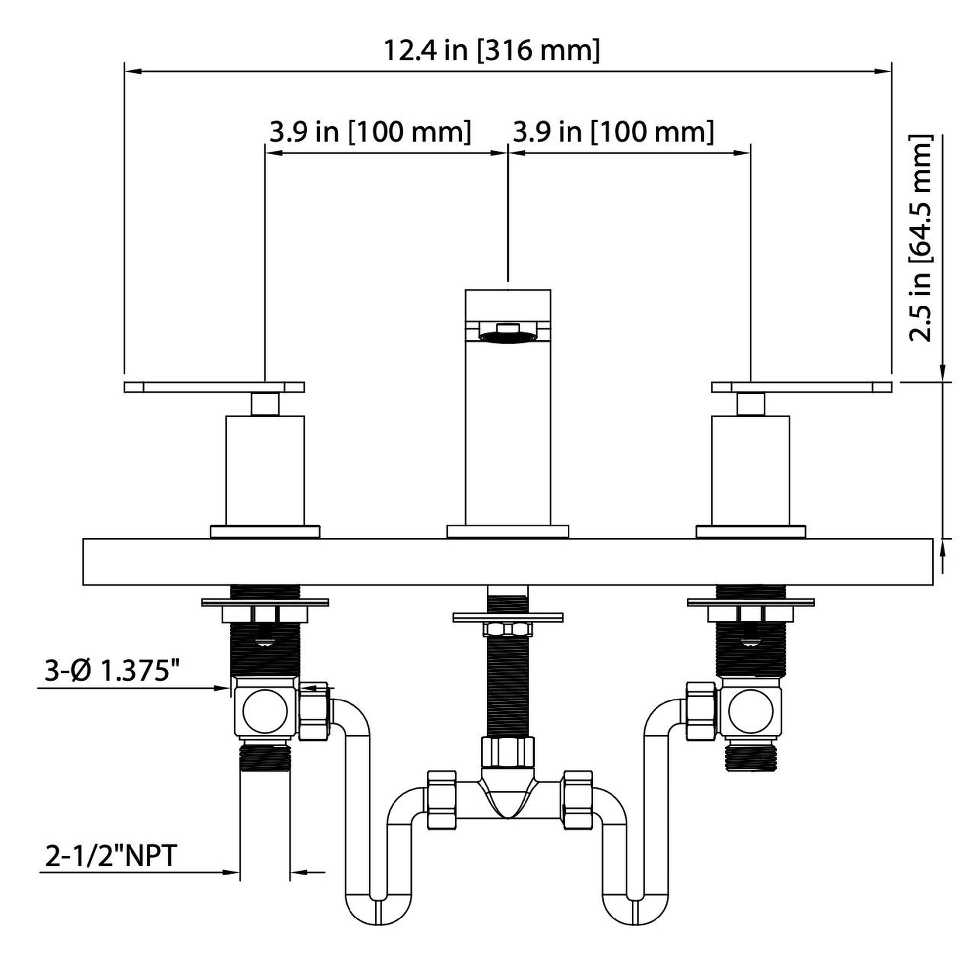 Flusso Faucets Serie 110 12" Three-Hole Chrome Solid Brass Deck-Mounted Widespread Bathroom Sink Faucet With Overflow Pop-Up Drain