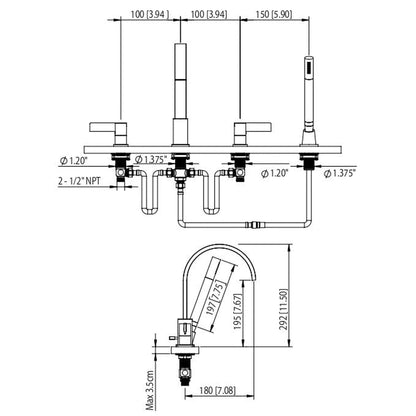 Flusso Faucets Serie 145 12" Four-Hole Chrome Solid Brass Deck-Mounted Roman Bathtub Faucet With Hand Shower