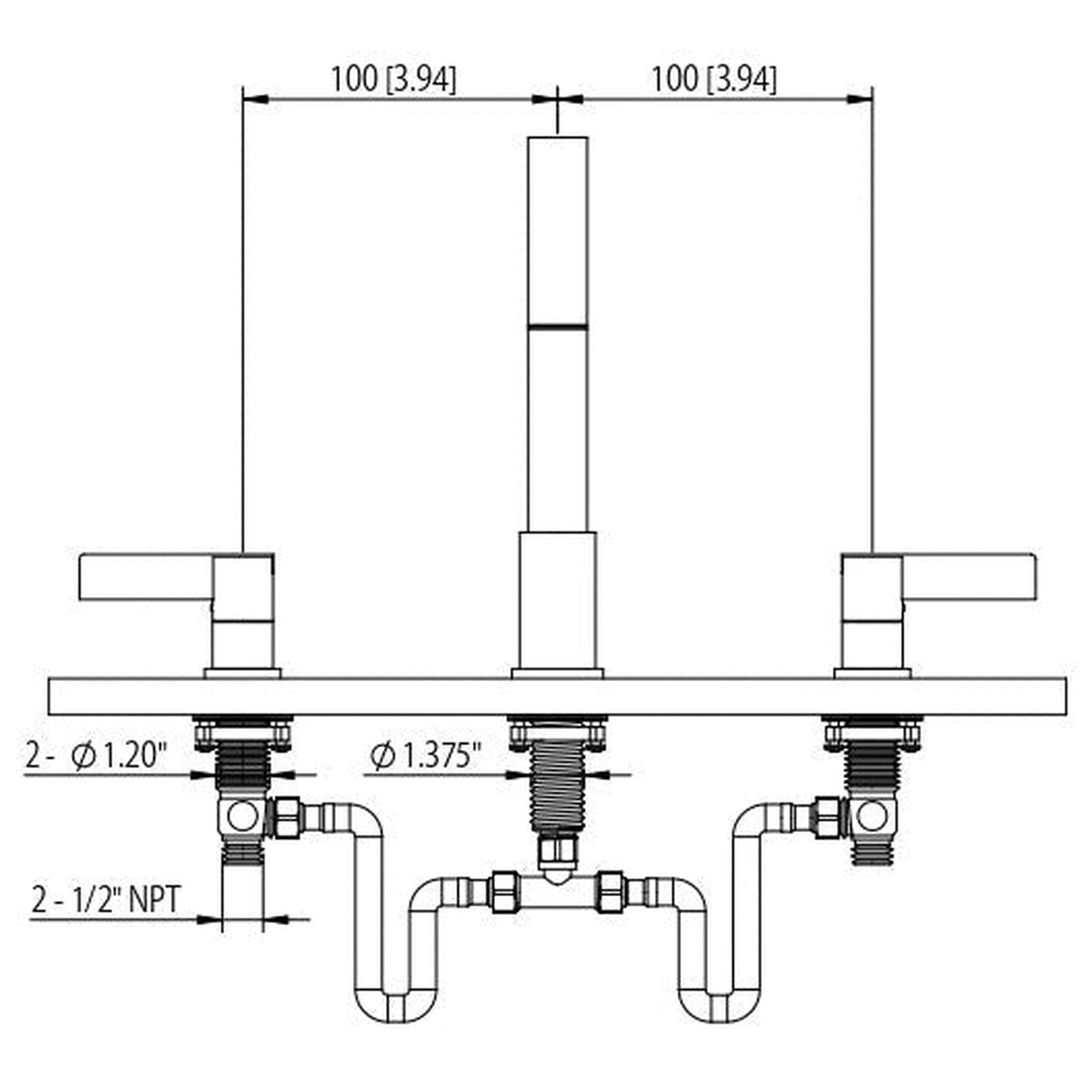 Flusso Faucets Serie 145 12" Three-Hole Chrome Solid Brass Deck-Mounted Roman Bathtub Faucet With Volume Control Valve