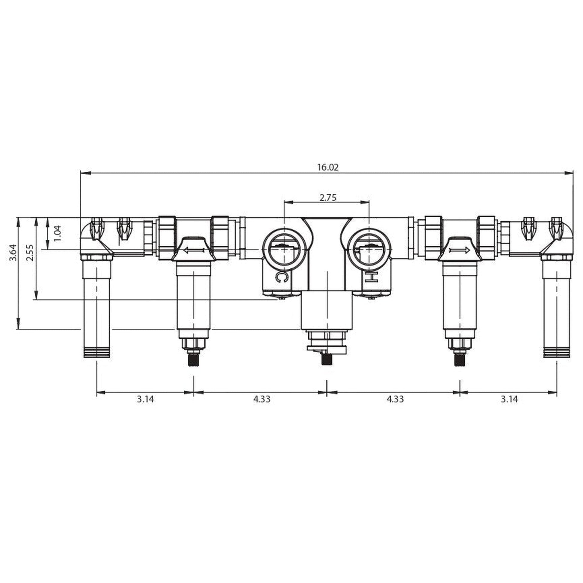 Flusso Faucets Serie 145 18" Five-Hole 2-Volume Control Chrome Trim Set With 1" 2-Output Thermostatic Bathtub / Shower Valve And Hand Shower