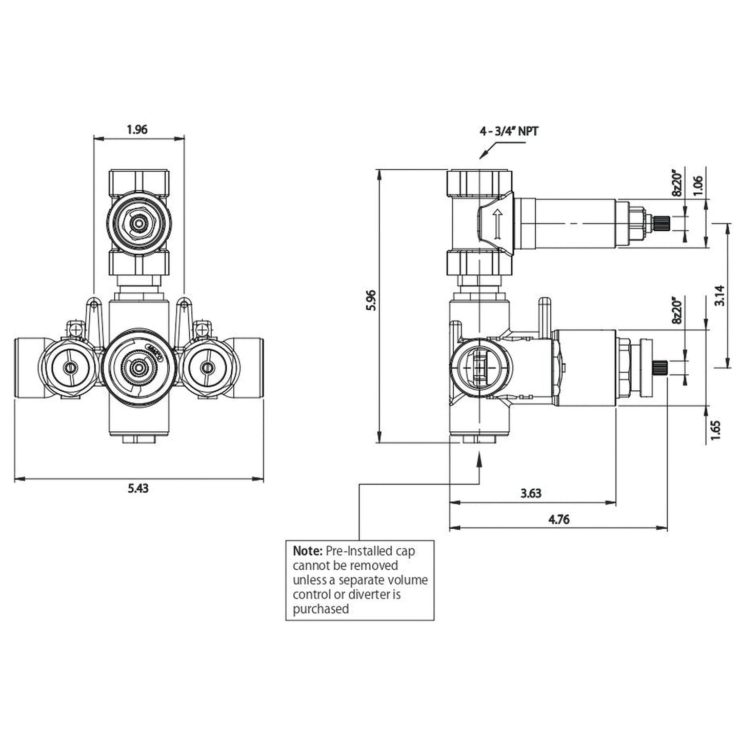 Flusso Faucets Serie 145 8" Two-Hole Chrome Solid Brass Wall-Mounted Thermostatic Shower Trim With 6" 1-Output Thermostatic Shower Valve And Integrated Volume Control