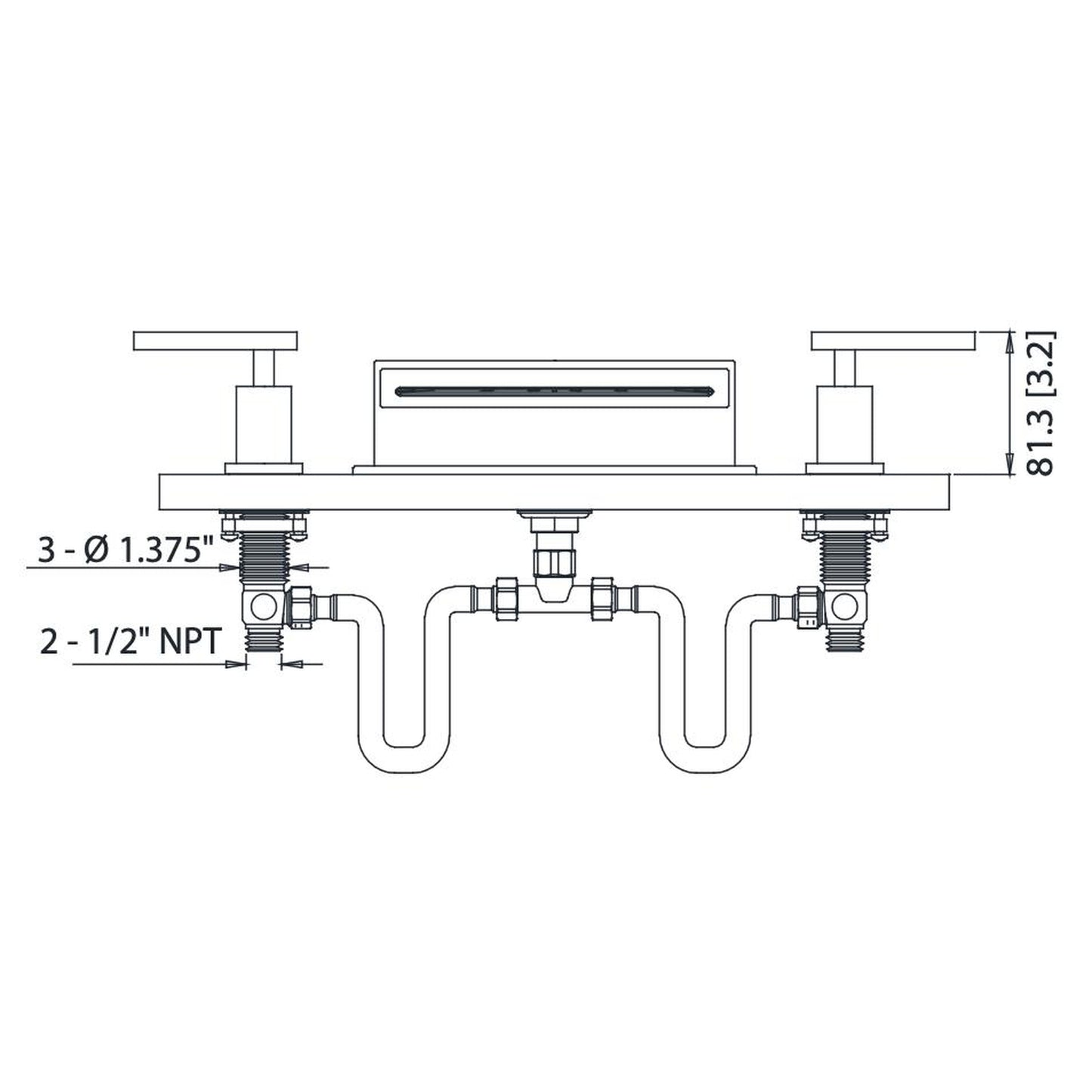 Flusso Faucets Serie 150 13" Three-Hole Chrome Deck-Mounted Cascade / Sheet Flow Waterfall Roman Bathtub Faucet With Valve Set