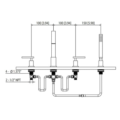 Flusso Faucets Serie 150 14" Four-Hole Chrome Solid Brass Deck-Mounted Roman Bathtub Faucet With Hand Shower